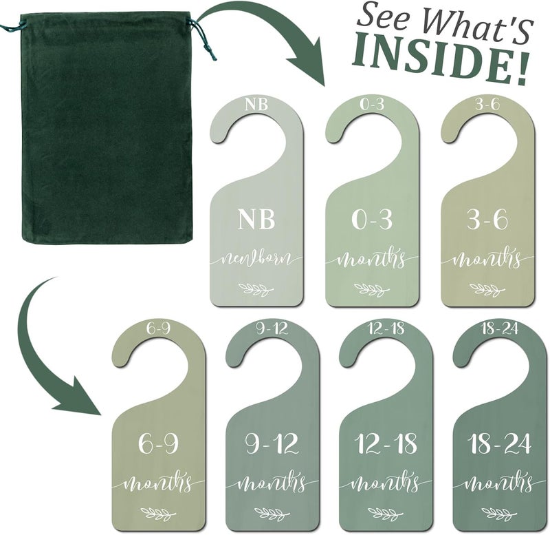 Whaline 7Pcs Green Wooden Baby Closet Size Dividers with Green Velvet Bag Newborn to 24 Month Thicken Infant Wardrobe Hanger Organizers for Home Nursery Supplies - Image 4